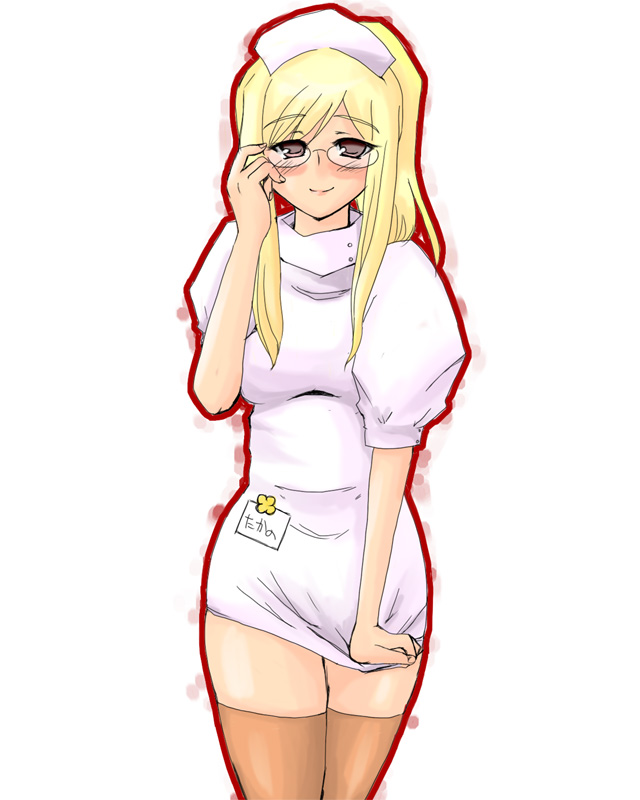 takano miyo, higurashi no naku koro ni, 00s, 1girl, blonde hair, blush, clothes pull, female focus, glasses, nurse, ponytail, raised eyebrows, simple background, skirt, skirt pull, solo, thighhighs, white background
