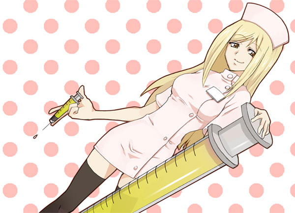 yukitsuki hisa, takano miyo, higurashi no naku koro ni, uniform, 00s, 1girl, blonde hair, female focus, large syringe, long hair, nurse, oversized object, solo, syringe, thighhighs, yellow eyes, zettai ryouiki