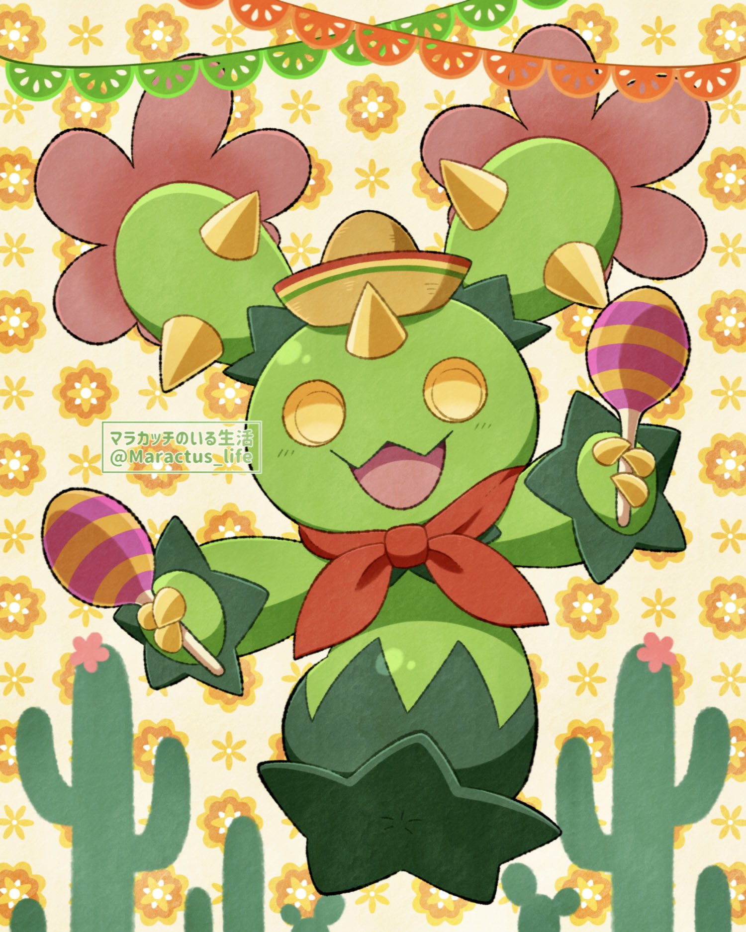 hachimituzuke, maractus, nintendo, pokemon, highres, cactus, flower, full body, gen 5 pokemon, hat, holding, holding instrument, holding maracas, instrument, maracas, mini hat, no humans, pokemon (creature), red scarf, scarf, solo, sombrero, twitter username, yellow eyes