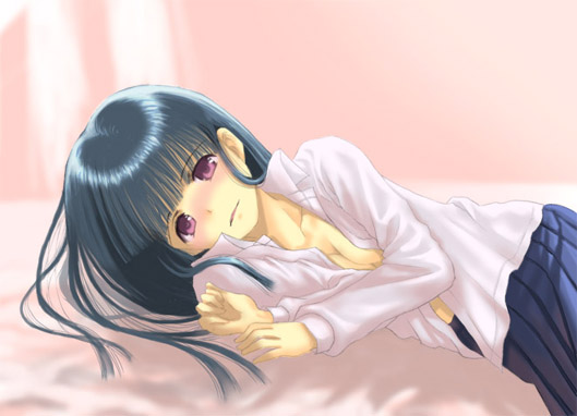 furude rika, higurashi no naku koro ni, 00s, 1girl, blue hair, blush, breasts, cleavage, female focus, long hair, lying, open clothes, open shirt, purple eyes, shirt, skirt, solo