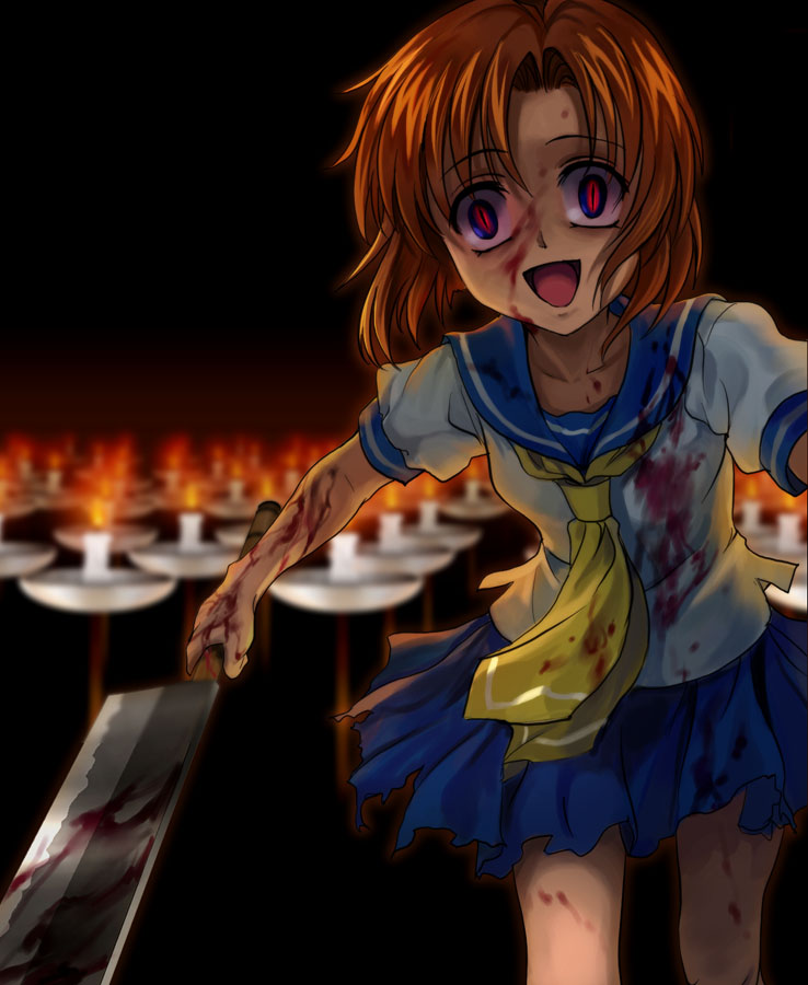 ryuuguu rena, higurashi no naku koro ni, 00s, 1girl, billhook, black background, blood, brown hair, candle, creepy, female focus, hatchet, horror (theme), nata (tool), necktie, oyashiro, school uniform, skirt, solo, yandere