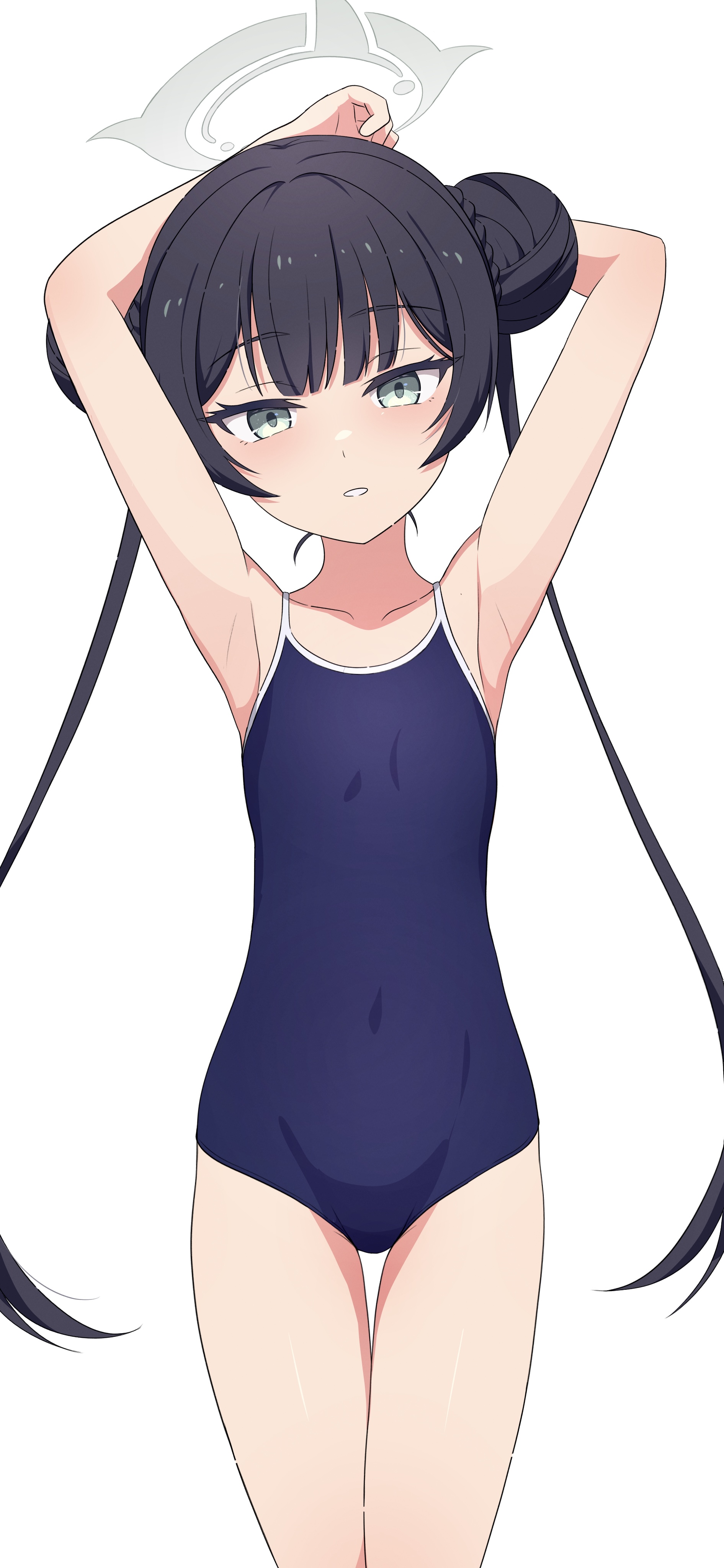 na-suke, kisaki (blue archive), blue archive, absurdres, highres, 1girl, armpits, arms up, black hair, blue one-piece swimsuit, competition school swimsuit, covered navel, double bun, flat chest, grey eyes, hair bun, halo, long hair, looking at viewer, one-piece swimsuit, school swimsuit, simple background, solo, swimsuit, twintails, white background