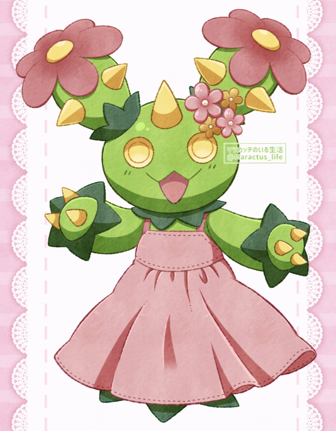 hachimituzuke, maractus, nintendo, pokemon, highres, :d, dress, flower, full body, gen 5 pokemon, no humans, open mouth, pink background, pink dress, pokemon (creature), smile, twitter username, white background, yellow eyes