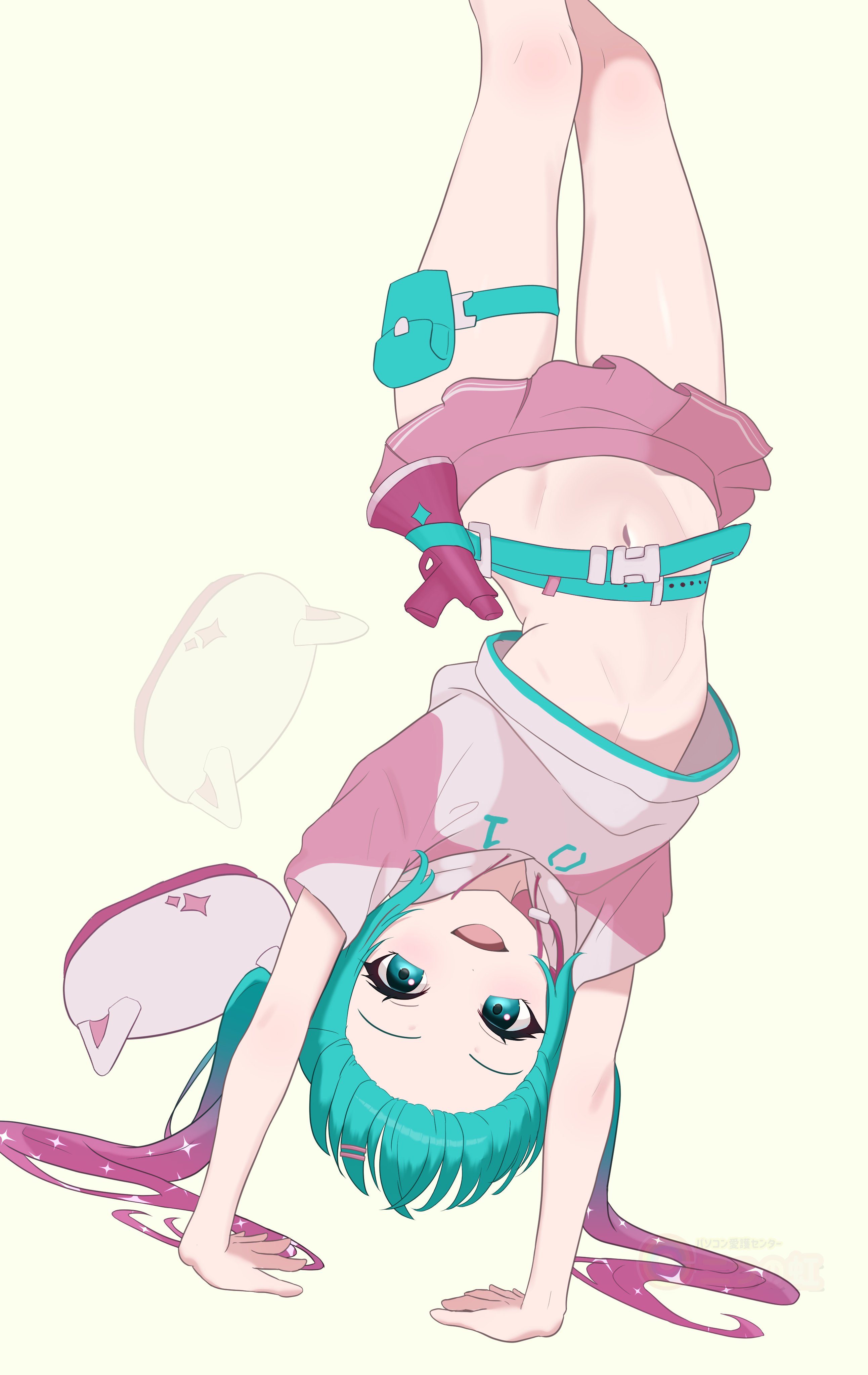 futatunoniji, hatsune miku, neko hatsune miku, fortnite, vocaloid, absurdres, highres, 1girl, animal hat, aqua belt, aqua eyes, aqua hair, bare legs, belt, cat hat, gradient hair, gun, hair ornament, hairclip, hat, hood, hoodie, long hair, midriff, multicolored hair, navel, open clothes, open hoodie, open mouth, pink hair, pink hat, pink hoodie, pink skirt, short sleeves, skirt, smile, solo, stomach, twintails, two-tone hair, unworn hat, unworn headwear, upside-down, weapon