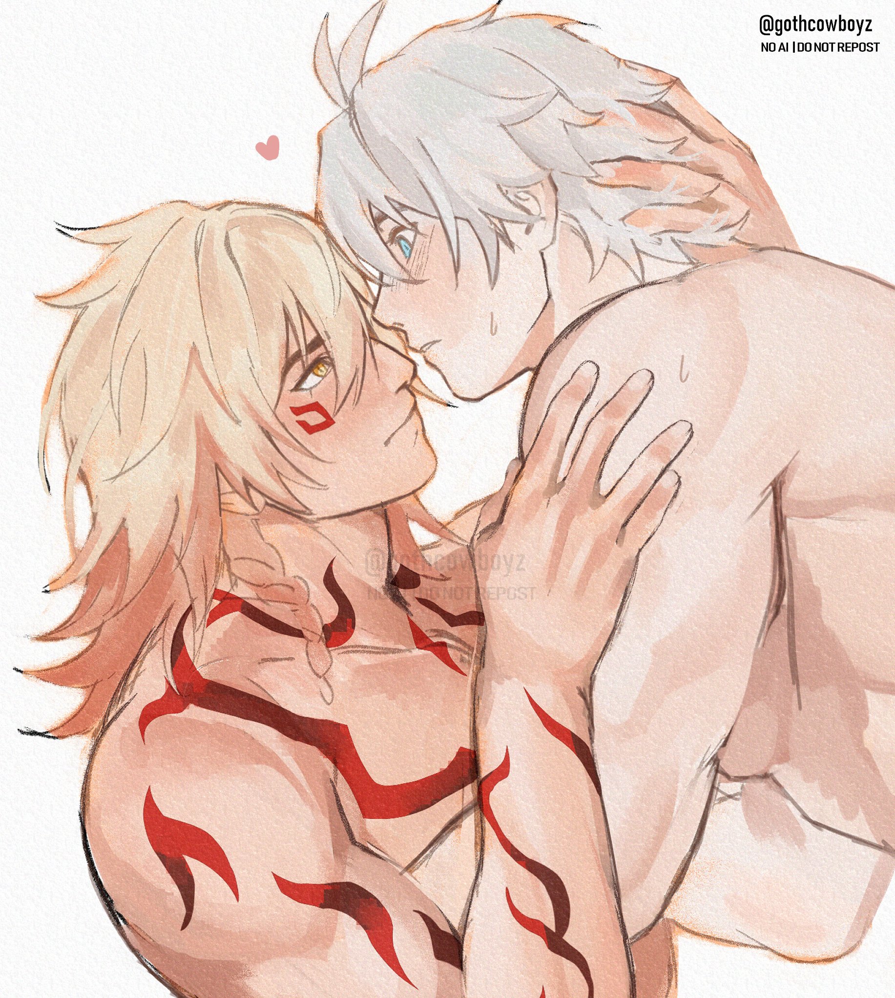 mydei (honkai: star rail), phainon (honkai: star rail), honkai: star rail, honkai (series), commentary, english commentary, highres, 2boys, antenna hair, arm tattoo, blonde hair, blue eyes, blush, braid, chest tattoo, facial tattoo, gothcowboyz, gradient hair, hand on another's head, male focus, medium hair, multicolored hair, multiple boys, red hair, red tattoo, short hair, side braid, simple background, tattoo, twitter username, watermark, white background, white hair, yaoi, yellow eyes