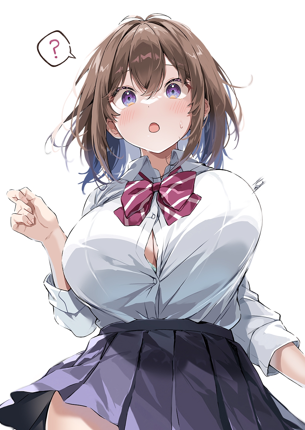 sirokuma shake, hawawa-chan (sirokuma shake), original, highres, 1girl, ?, aqua bra, black skirt, blush, bouncing breasts, bra, bra peek, breasts, brown hair, bursting breasts, cleavage, collared shirt, hair between eyes, large breasts, long sleeves, multicolored hair, open mouth, pleated skirt, popped button, purple eyes, purple hair, school uniform, shirt, simple background, skirt, solo, spoken question mark, standing, two-tone hair, underwear, upper body, wavy mouth, white background, white shirt