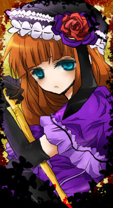 eva beatrice, umineko no naku koro ni, lowres, 00s, aqua eyes, bug, butterfly, dress, flower, gloves, hat, insect, orange hair, rose, serious, short hair, solo, staff