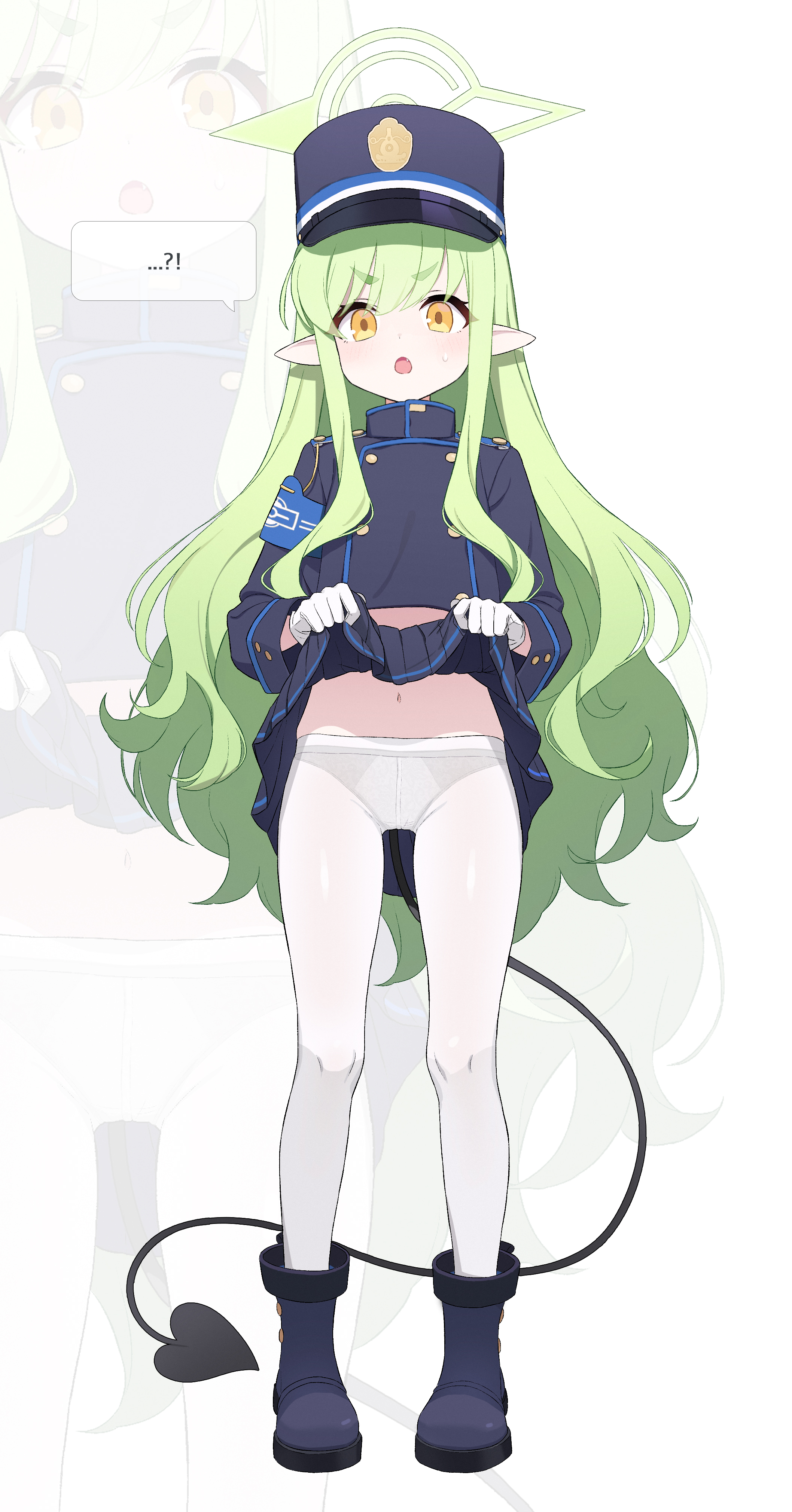 hikari (blue archive), blue archive, absurdres, hashtag-only commentary, highres, !?, …, 1girl, :o, armband, black tail, blue armband, blue boots, blue hat, blue jacket, blue skirt, blush, boots, buttoned cuffs, buttons, clothes lift, demon girl, demon tail, double-breasted, fang, full body, gloves, green hair, green halo, halo, hat, jacket, lifting own clothes, long hair, long sidelocks, long sleeves, looking at viewer, miniskirt, namul steal, navel, open mouth, panties, panties under pantyhose, pantyhose, peaked cap, pleated skirt, pointy ears, sidelocks, skirt, skirt lift, solo, speech bubble, standing, sweatdrop, tail, underwear, v-shaped eyebrows, very long hair, white background, white gloves, white panties, white pantyhose, yellow eyes, zoom layer