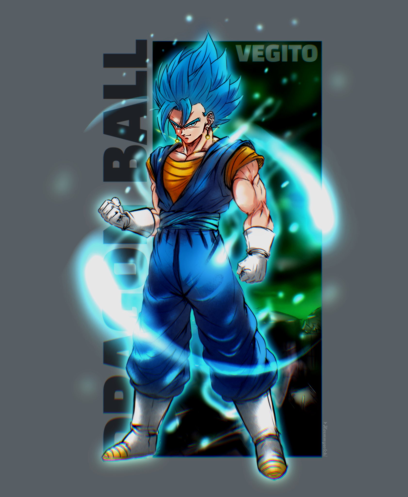 vegetto, dragon ball, dragon ball super, highres, 1boy, blue eyes, blue hair, blue pants, blue sash, blue shirt, boots, border, dougi, earrings, energy ball, full body, gloves, grey border, ham5037, jewelry, male focus, medium hair, orange shirt, pants, potara earrings, sash, shirt, solo, spiked hair, super saiyan, super saiyan blue, white boots, white gloves