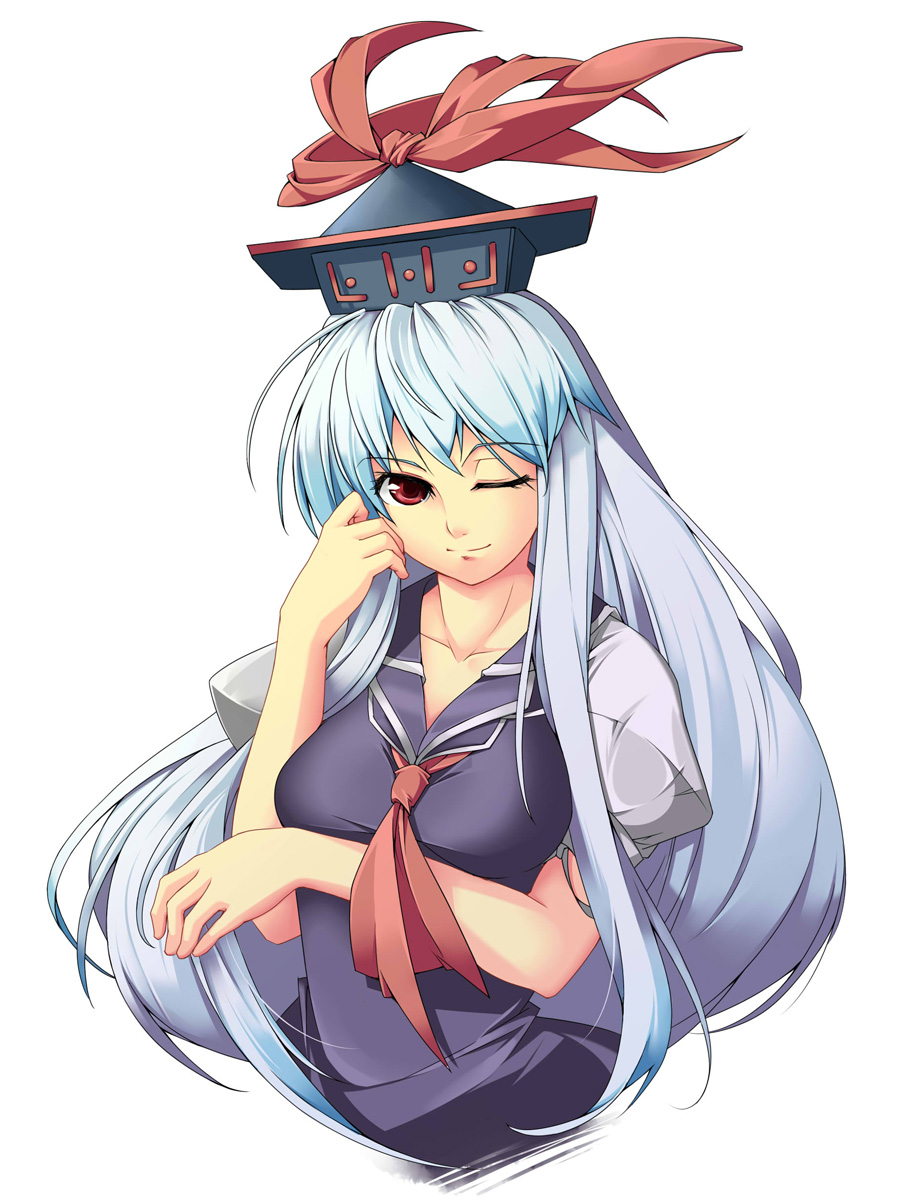 beihan, kokka han, kamishirasawa keine, touhou, highres, 1girl, blue hair, female focus, hat, long hair, one eye closed, red eyes, simple background, smile, solo, upper body, wink