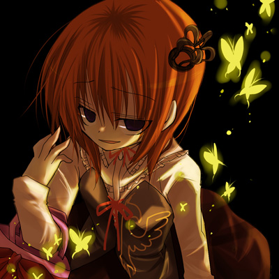 ushiromiya maria, umineko no naku koro ni, lowres, 00s, 1girl, bag, blue eyes, bug, butterfly, dress, female focus, insect, orange hair, ribbon, short hair, solo