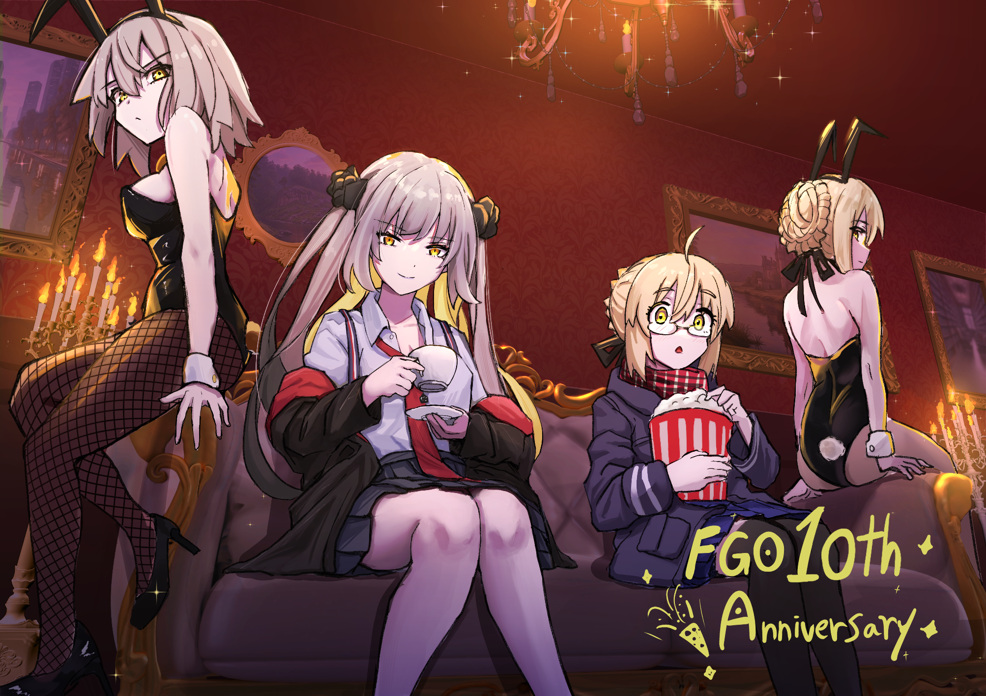 artoria pendragon (fate), jeanne d'arc alter (fate), marie antoinette (fate), marie antoinette alter (fate), mysterious heroine x alter (fate), mysterious heroine x alter (first ascension) (fate), saber alter, fate/grand order, fate (series), commentary request, highres, 4girls, alternate costume, animal ears, anniversary, black leotard, black ribbon, blonde hair, copyright name, couch, cup, fake animal ears, fake tail, fishnet pantyhose, fishnets, food, glasses, grey hair, hair ribbon, indoors, leotard, long hair, multiple girls, necktie, notonaon, official alternate costume, pantyhose, playboy bunny, popcorn, pseudo-tokyo school uniform, rabbit ears, rabbit tail, red necktie, red scarf, ribbon, scarf, school uniform, short hair, sitting, strapless, strapless leotard, tail, teacup, twintails, yellow eyes