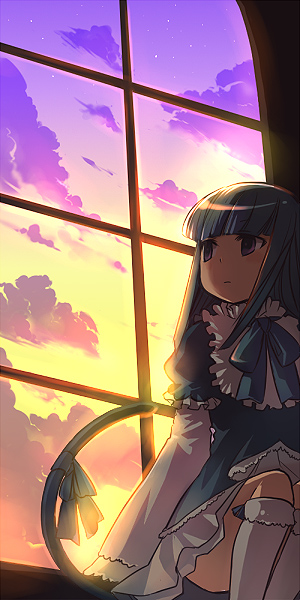 frederica bernkastel, umineko no naku koro ni, 00s, blue hair, cat tail, cloud, long hair, purple eyes, ribbon, sitting, sky, solo, star (symbol), tail, window