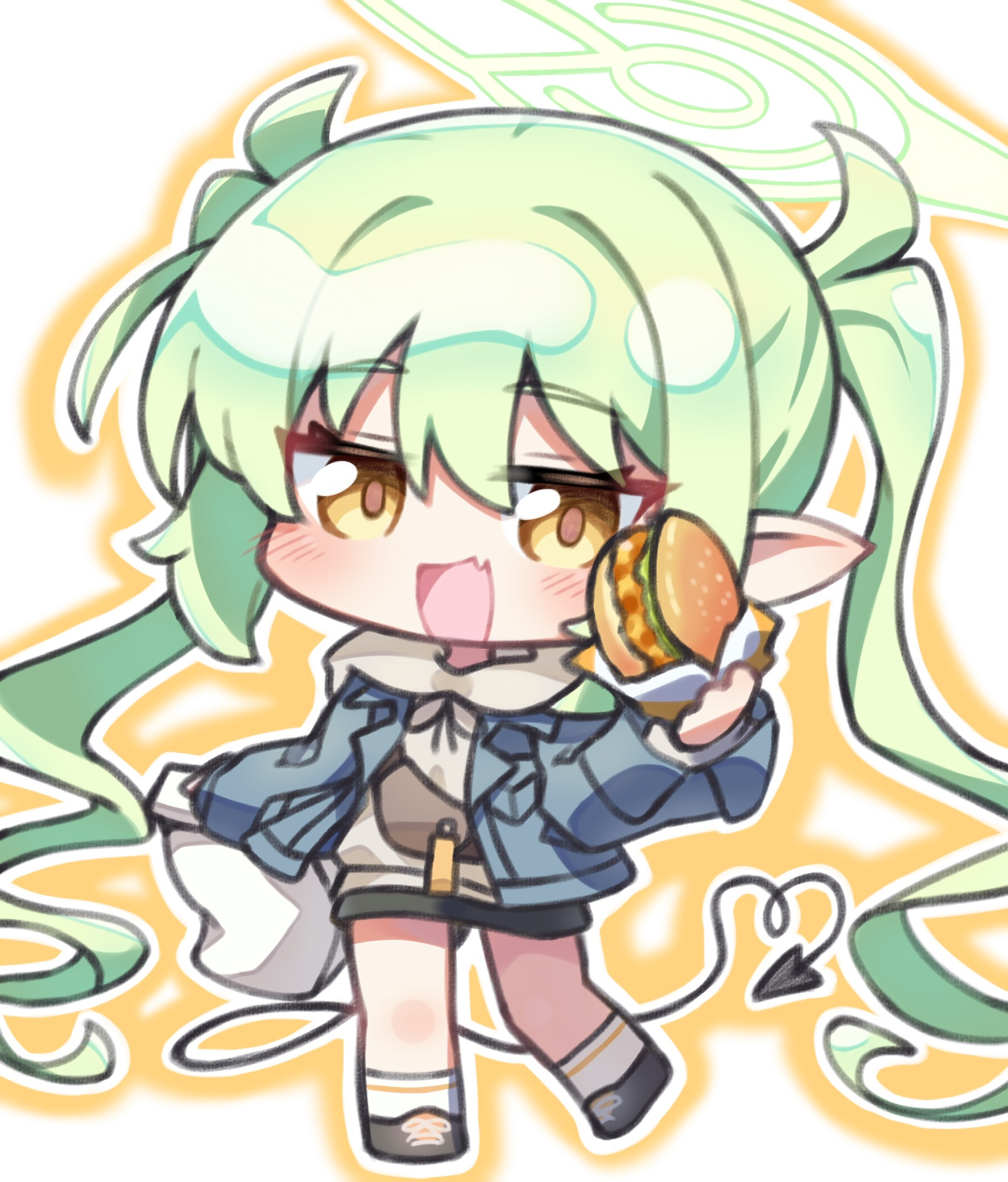 yuuhikureroom6, nozomi (blue archive), nozomi (mom's touch) (blue archive), blue archive, commentary request, highres, variant set, 1girl, burger, chibi, demon tail, fang, food, green hair, green halo, halo, holding, holding food, jacket, long hair, official alternate costume, pointy ears, solo, tail, twintails