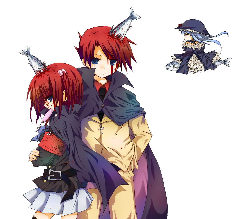 hinase haruka, ushiromiya ange, ushiromiya battler, virgilia (umineko), umineko no naku koro ni, silver hair, bad id, bad pixiv id, 00s, 1boy, 2girls, blood, blue eyes, blue hair, brother and sister, cape, closed eyes, dress, fish, flower, hair bobbles, hair ornament, hat, long hair, multiple girls, red hair, rose, short hair, siblings