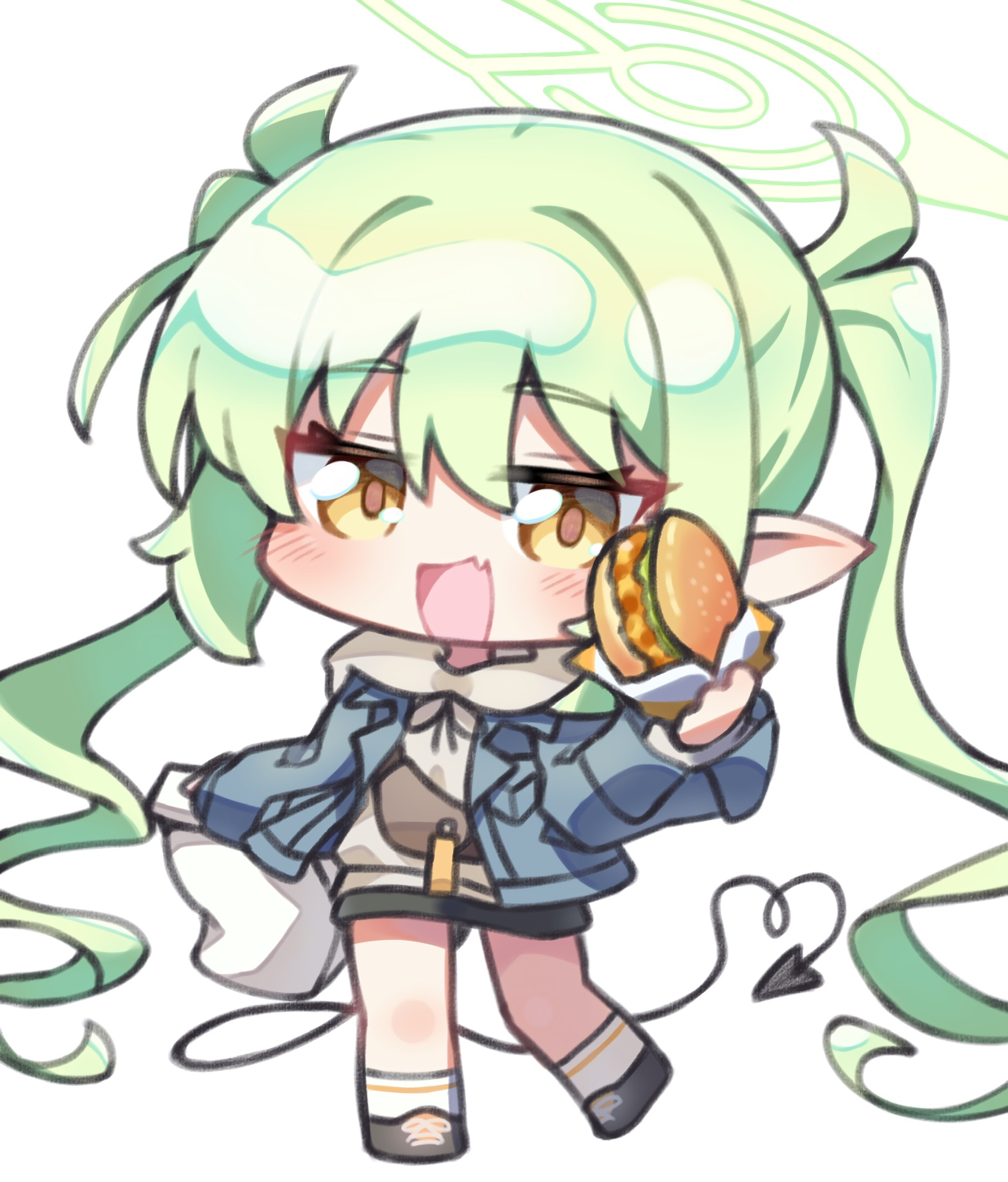 yuuhikureroom6, nozomi (blue archive), nozomi (mom's touch) (blue archive), blue archive, commentary request, highres, variant set, 1girl, burger, chibi, demon tail, fang, food, green hair, green halo, halo, holding, holding food, jacket, long hair, official alternate costume, pointy ears, simple background, socks, solo, tail, twintails, white socks