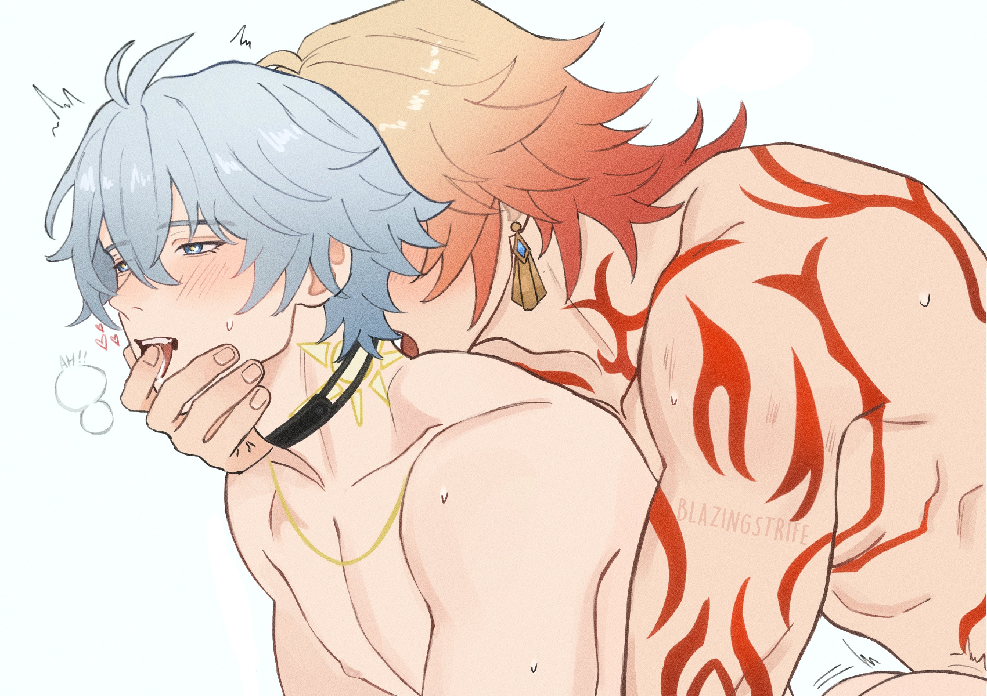 mydei (honkai: star rail), phainon (honkai: star rail), honkai: star rail, honkai (series), absurdres, hashtag-only commentary, highres, 2boys, antenna hair, arm tattoo, artist name, black choker, blazingstrife, blonde hair, blue eyes, blush, chest tattoo, choker, earrings, finger in another's mouth, gold earrings, gradient hair, implied sex, jewelry, male focus, medium hair, multicolored hair, multiple boys, neck tattoo, parted bangs, red hair, red tattoo, saliva, short hair, simple background, sun symbol, sun tattoo, tan, tattoo, white background, white hair, yaoi