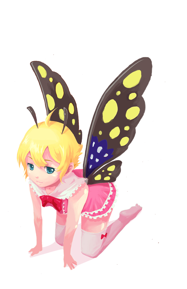 nekotama (pixiv34129), shimon (shimotsuma), shimotsuma, bad id, bad pixiv id, 1girl, ahoge, all fours, antennae, aqua eyes, blonde hair, butterfly wings, fairy, female focus, insect wings, short hair, solo, thighhighs, wings