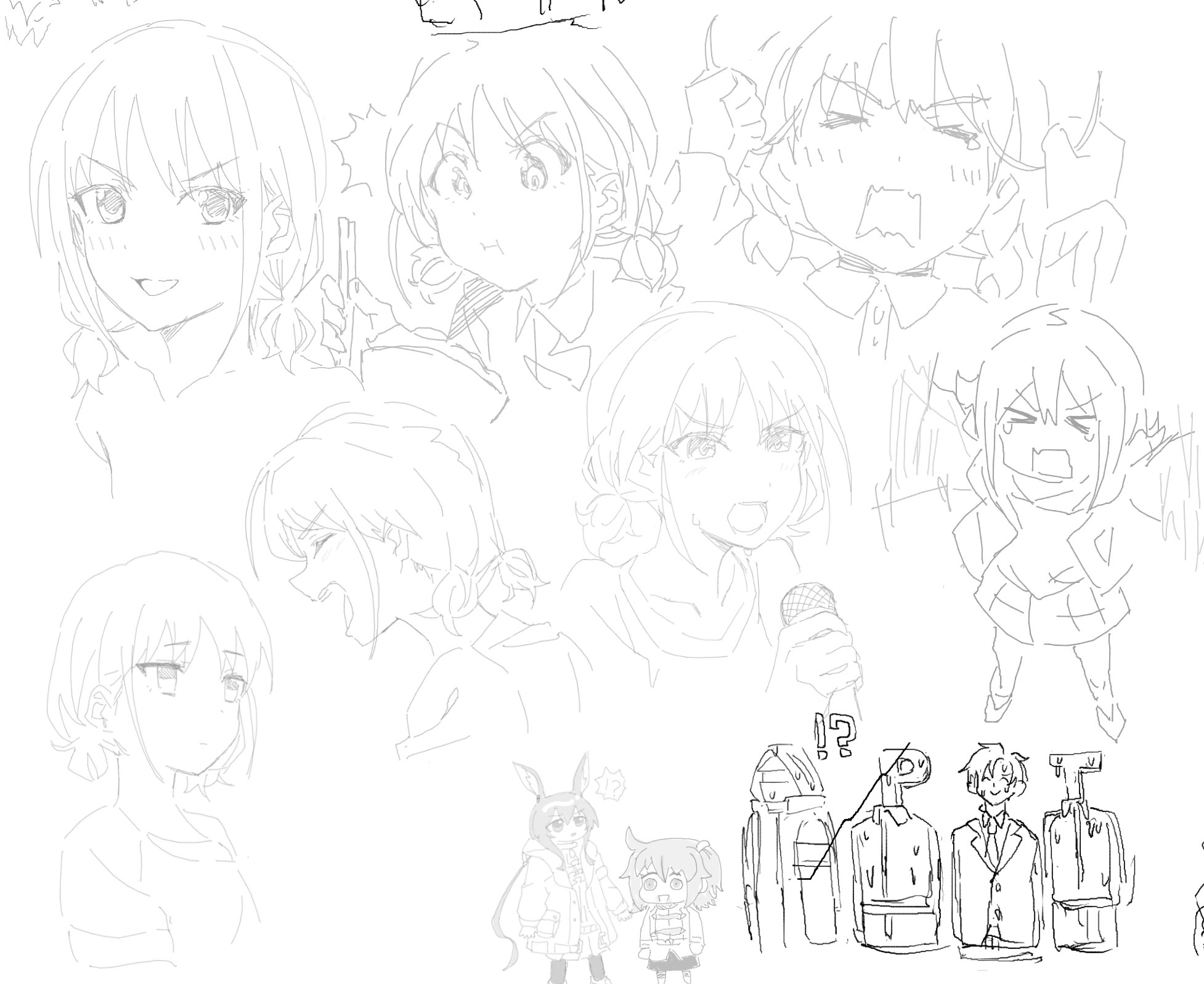 n nai nai n, amiya (arknights), doctor (arknights), fujimaru ritsuka (female), p-head producer, producer (idolmaster), sensei (blue archive), t-head trainer (umamusume), trainer (umamusume), arknights, blue archive, fate (series), girls band cry, idolmaster, umamusume, commentary, highres, 1boy, 3girls, 3others, blush, chopsticks, closed eyes, closed mouth, eating, flailing, greyscale, holding, holding chopsticks, holding microphone, low twintails, microphone, monochrome, multiple girls, multiple others, multiple views, nervous sweating, open mouth, short hair, short twintails, simple background, sketch, sweat, twintails, white background