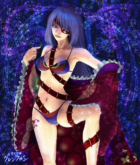 tetsuko (jukai), adiane, tengen toppa gurren lagann, 00s, 1girl, bikini, blue hair, breasts, eyepatch, female focus, large breasts, long hair, purple bikini, red eyes, robe, scorpion tail, solo, swimsuit, tail, tattoo, undressing