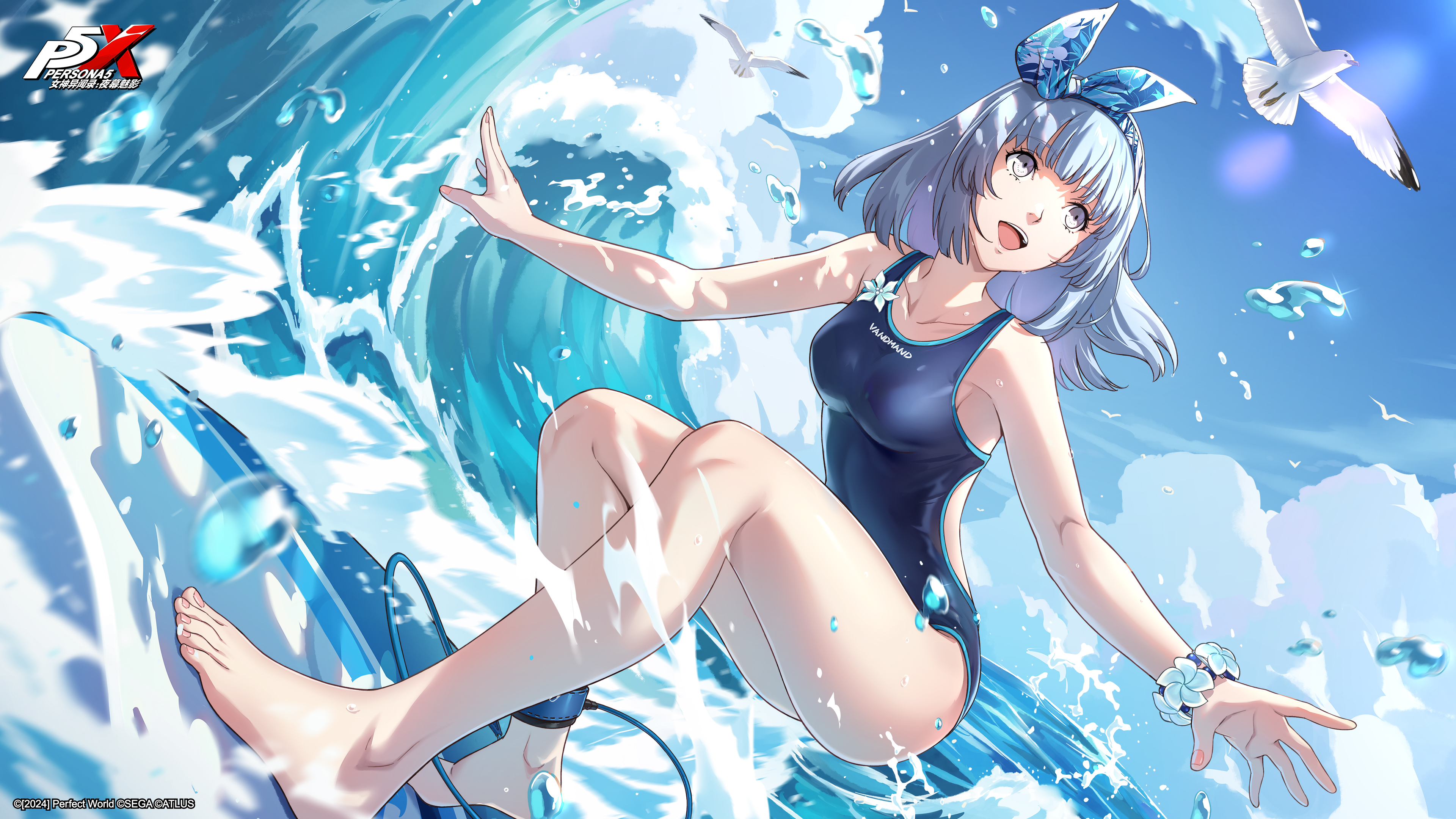 werkbau, sawara miyu, persona, persona 5, persona 5: the phantom x, absurdres, highres, official art, 1girl, :d, bare shoulders, bird, blue flower, blue hair, blue hairband, blue one-piece swimsuit, blue sky, blunt bangs, bow hairband, bracelet, breasts, clothing cutout, cloud, cloudy sky, copyright logo, copyright notice, day, dutch angle, fingernails, floating hair, flower, full body, hairband, jewelry, logo, medium breasts, medium hair, one-piece swimsuit, open mouth, outdoors, outstretched arms, seagull, side cutout, sky, smile, solo, surfboard, surfing, swimsuit, teeth, upper teeth only, water, waves, white eyes