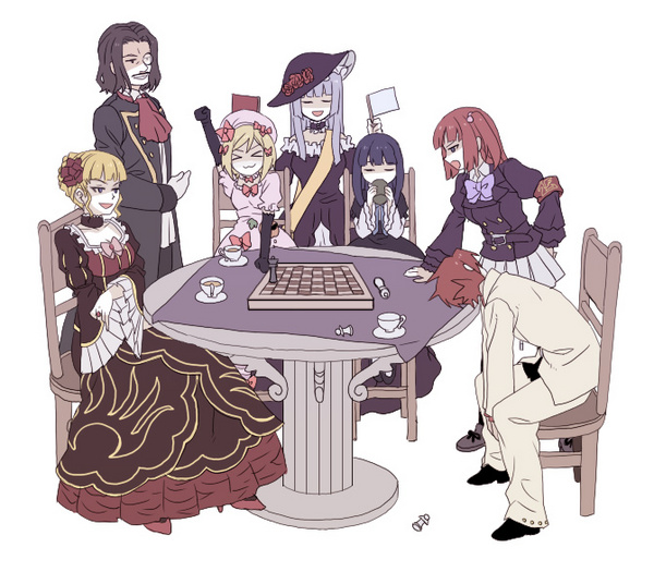 beatrice (umineko), frederica bernkastel, lambdadelta, ronove (umineko), ushiromiya ange, ushiromiya battler, virgilia (umineko), umineko no naku koro ni, silver hair, bad id, bad pixiv id, > <, 00s, 2boys, 5girls, blonde hair, blue eyes, blue hair, board game, brother and sister, brown hair, chair, chess, closed eyes, dress, hair bobbles, hair ornament, hat, long hair, multiple boys, multiple girls, pink hat, red hair, short hair, siblings, tea