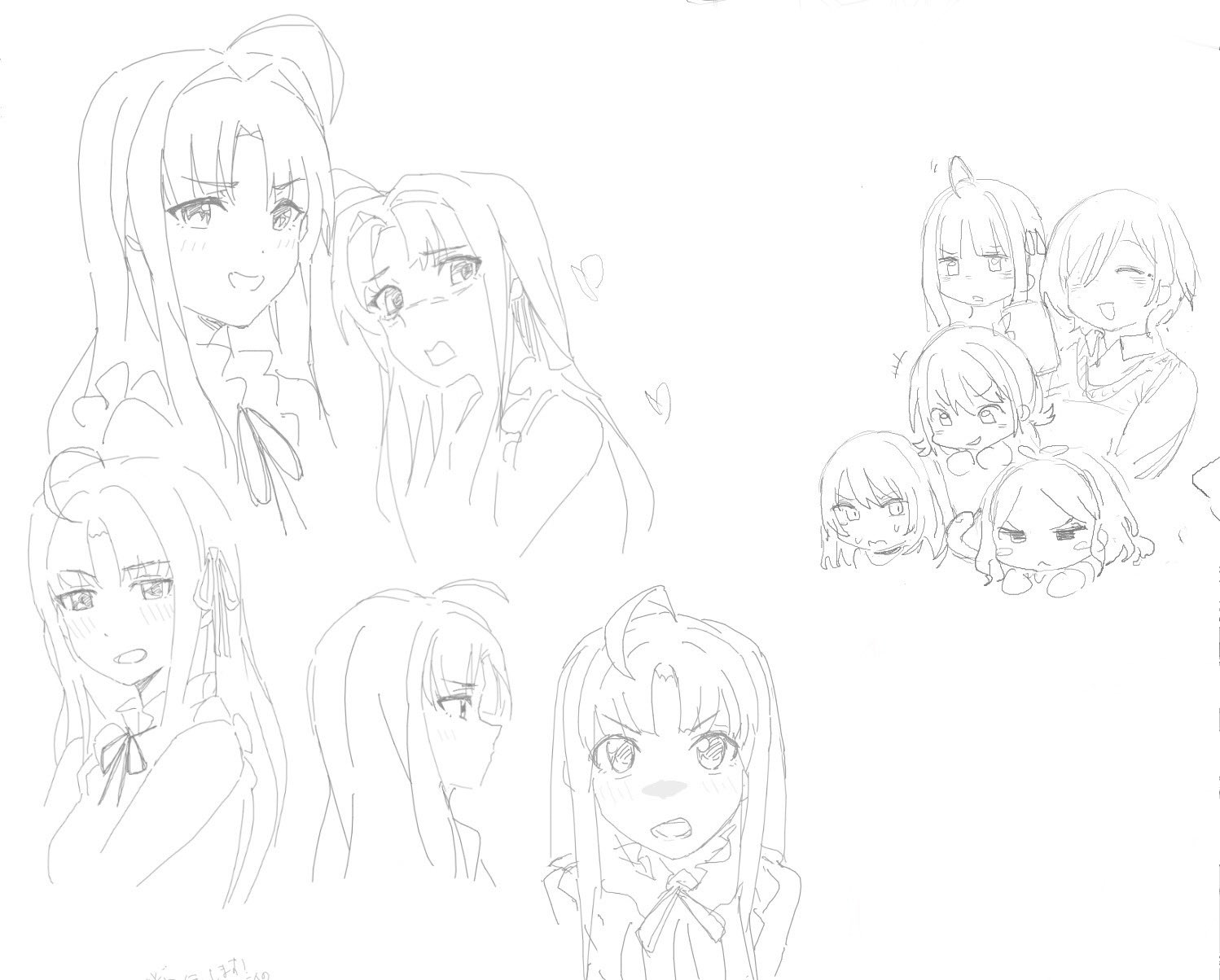 n nai nai n, awa subaru, ebizuka tomo, iseri nina, kawaragi momoka, rupa (girls band cry), girls band cry, highres, 5girls, ahoge, angry, blush, closed eyes, greyscale, long hair, mole, mole under eye, monochrome, multiple girls, multiple views, neck ribbon, open mouth, parted bangs, ribbon, shirt, sidelocks, simple background, sleeveless, sleeveless shirt, togenashi togeari, white background
