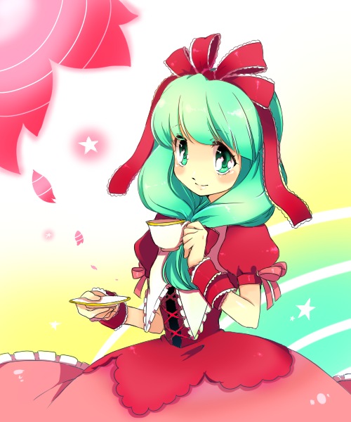chigo, kagiyama hina, touhou, 1girl, blush, corset, dress, female focus, front ponytail, green eyes, green hair, looking at viewer, matching hair/eyes, puffy short sleeves, puffy sleeves, red dress, shawl, short sleeves, solo, tareme, wrist cuffs