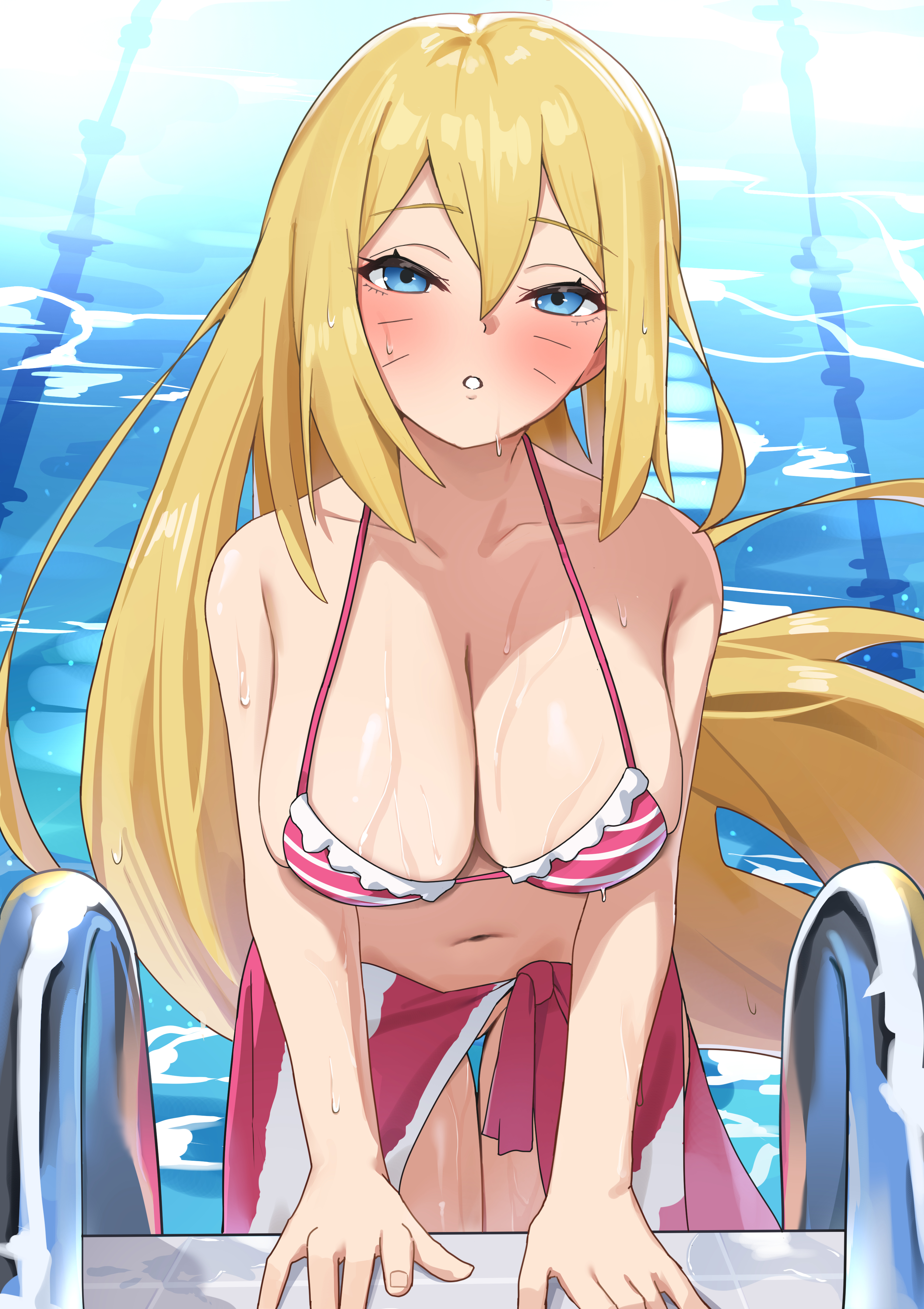 band (skymole01), naruko (naruto), boruto: naruto next generations, boruto: naruto the movie, naruto (series), absurdres, commentary, commission, english commentary, highres, pixiv commission, 1girl, bare arms, bikini, blonde hair, blush, breasts, cleavage, collarbone, embarrassed, facial mark, halterneck, large breasts, long hair, looking at viewer, navel, nose blush, parted lips, pink bikini, pink sarong, pool ladder, poolside, sarong, sidelocks, striped bikini, striped clothes, swimsuit, very long hair, wet, whisker markings