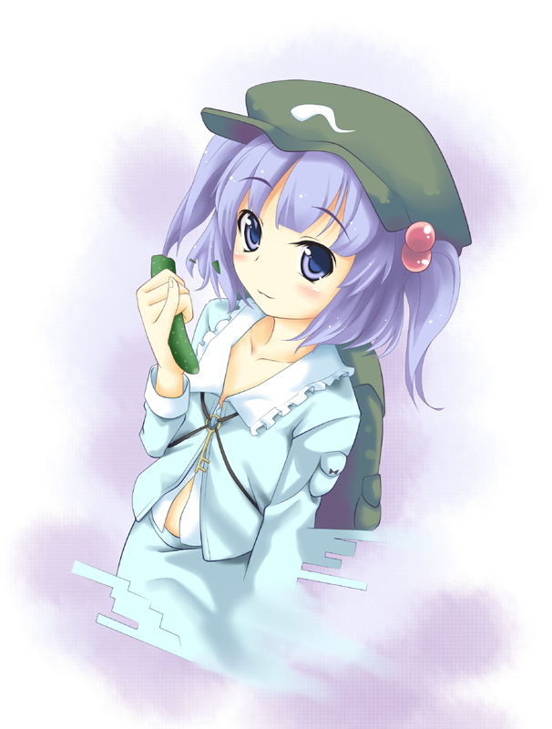 ogami kazuki, kawashiro nitori, touhou, 1girl, backpack, bag, blue eyes, blue hair, cucumber, female focus, hair bobbles, hair ornament, key, matching hair/eyes, pinky out, randoseru, solo, twintails, two side up