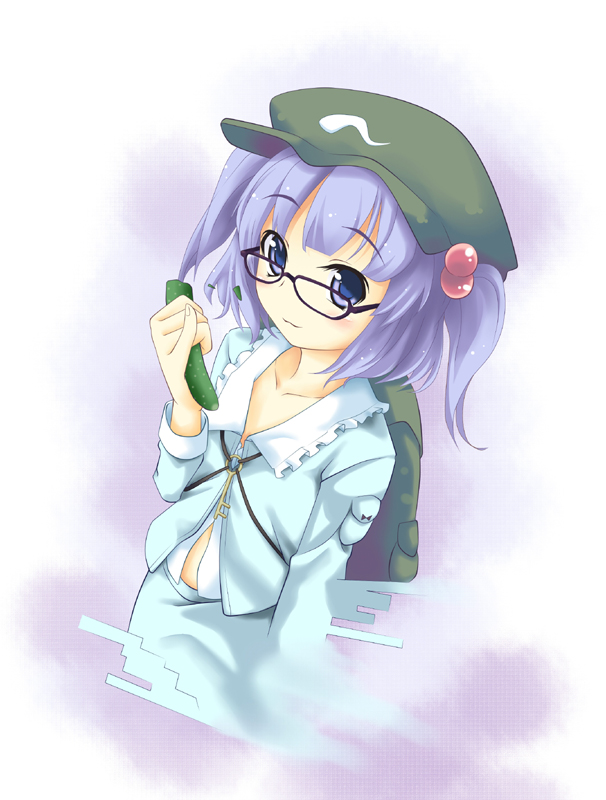 ogami kazuki, kawashiro nitori, touhou, 1girl, backpack, bag, bespectacled, blue eyes, blue hair, cucumber, female focus, glasses, hair bobbles, hair ornament, key, matching hair/eyes, pinky out, randoseru, solo, twintails, two side up
