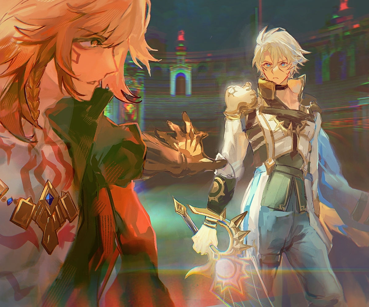 mydei (honkai: star rail), phainon (honkai: star rail), honkai: star rail, honkai (series), chinese commentary, commentary request, 2boys, antenna hair, arm tattoo, armlet, black choker, black coat, black pants, black shirt, blonde hair, blue eyes, braid, chest tattoo, choker, clawed gauntlets, coat, facial tattoo, gold necklace, gradient hair, holding, holding sword, holding weapon, jewelry, male focus, medium hair, multicolored hair, multiple boys, neck tattoo, necklace, open clothes, open coat, pants, parted bangs, red hair, red tattoo, shirt, short hair, side braid, sun symbol, sun tattoo, sword, tan, tattoo, weapon, white coat, white hair, xinjinjumin727969381113, yellow eyes
