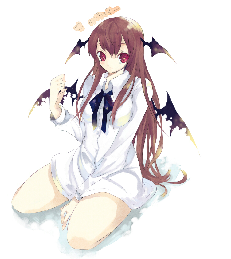 shiina aya, koakuma, embodiment of scarlet devil, touhou, 1girl, bat wings, bottomless, bow, bowtie, female focus, full body, head wings, long hair, red eyes, red hair, sitting, solo, tears, very long hair, white background, wings