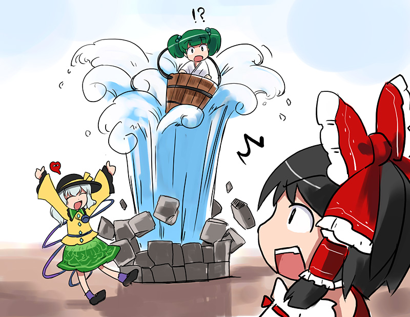 hirosato, hakurei reimu, kisume, komeiji koishi, touhou, !?, 3girls, ^^^, ^ ^, arms up, bucket, closed eyes, female focus, geyser, in bucket, in container, multiple girls, outstretched arms, water, well