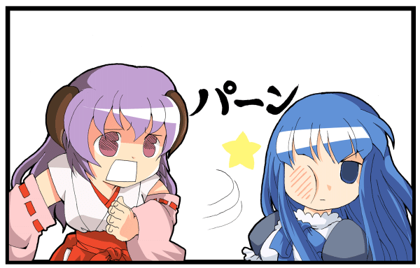 yanagihara tantoui, frederica bernkastel, hanyuu, higurashi no naku koro ni, umineko no naku koro ni, 00s, 2girls, blue eyes, blue hair, company connection, creator connection, crossover, dress, hakama, hakama skirt, horns, in-franchise crossover, japanese clothes, long hair, multiple girls, purple hair, red hakama, skirt, slapping, star (symbol)