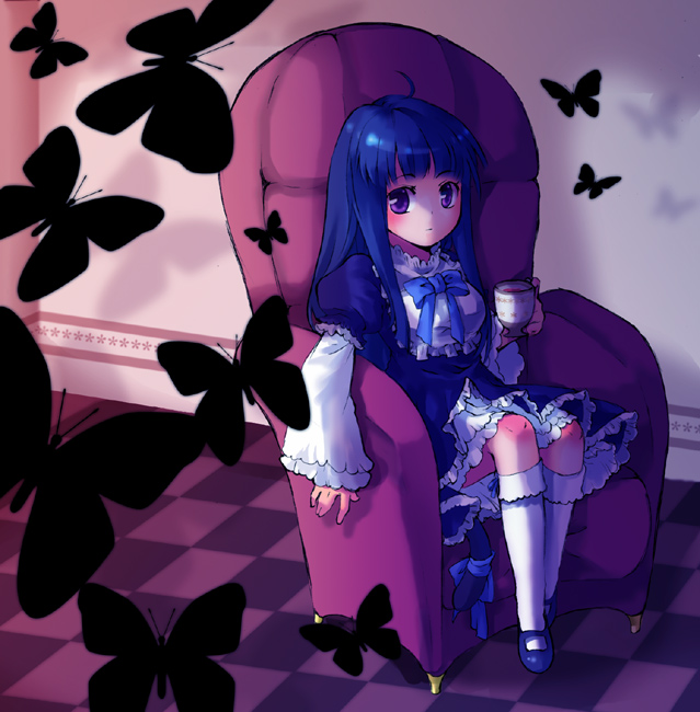 frederica bernkastel, umineko no naku koro ni, 00s, 1girl, blue hair, board game, bug, butterfly, chair, chess, couch, dress, female focus, insect, long hair, purple eyes, sitting, solo, tea