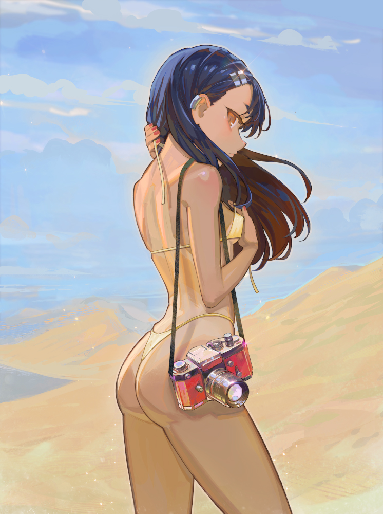 yugen99, nagatoro hayase, ijiranaide nagatoro-san, commentary request, 1girl, ass, bikini, black hair, breasts, brown eyes, camera, cloud, cloudy sky, desert, from behind, gold bikini, long hair, looking at viewer, skindentation, sky, small breasts, solo, standing, swimsuit, very long hair