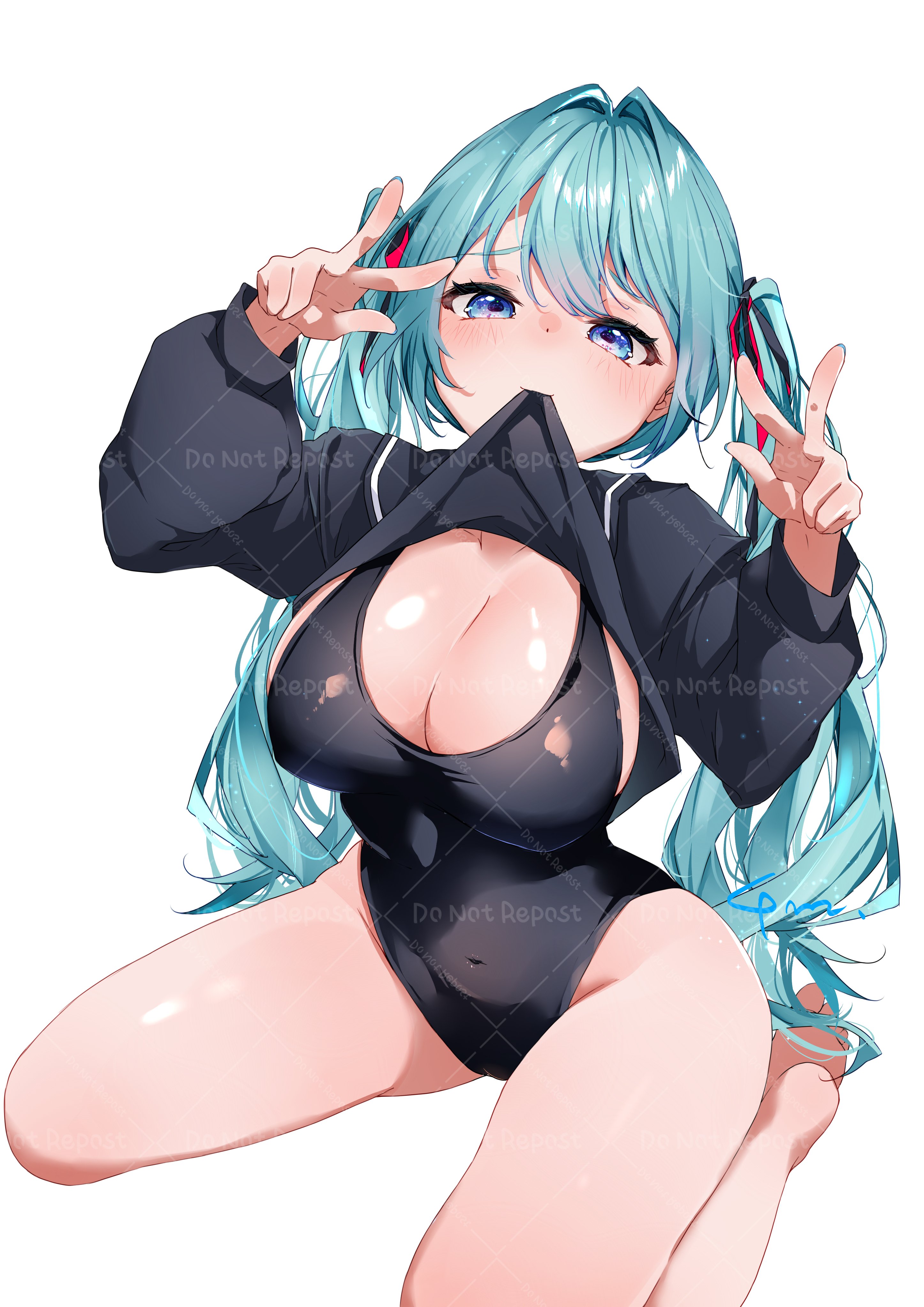 anzu (x anzu ill), hatsune miku, vocaloid, absurdres, highres, 1girl, aqua hair, black one-piece swimsuit, black shirt, blue eyes, breasts, double v, hair between eyes, hair ornament, large breasts, long hair, long sleeves, looking at viewer, mouth hold, one-piece swimsuit, shirt, solo, swimsuit, twintails, v, white background