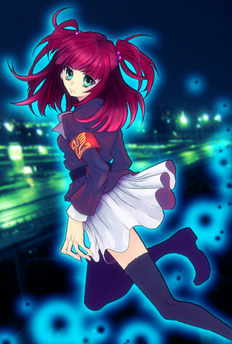 ushiromiya ange, umineko no naku koro ni, 00s, armband, city, green eyes, hair bobbles, hair ornament, jacket, red hair, short hair, skirt, solo, thighhighs, twintails, two side up