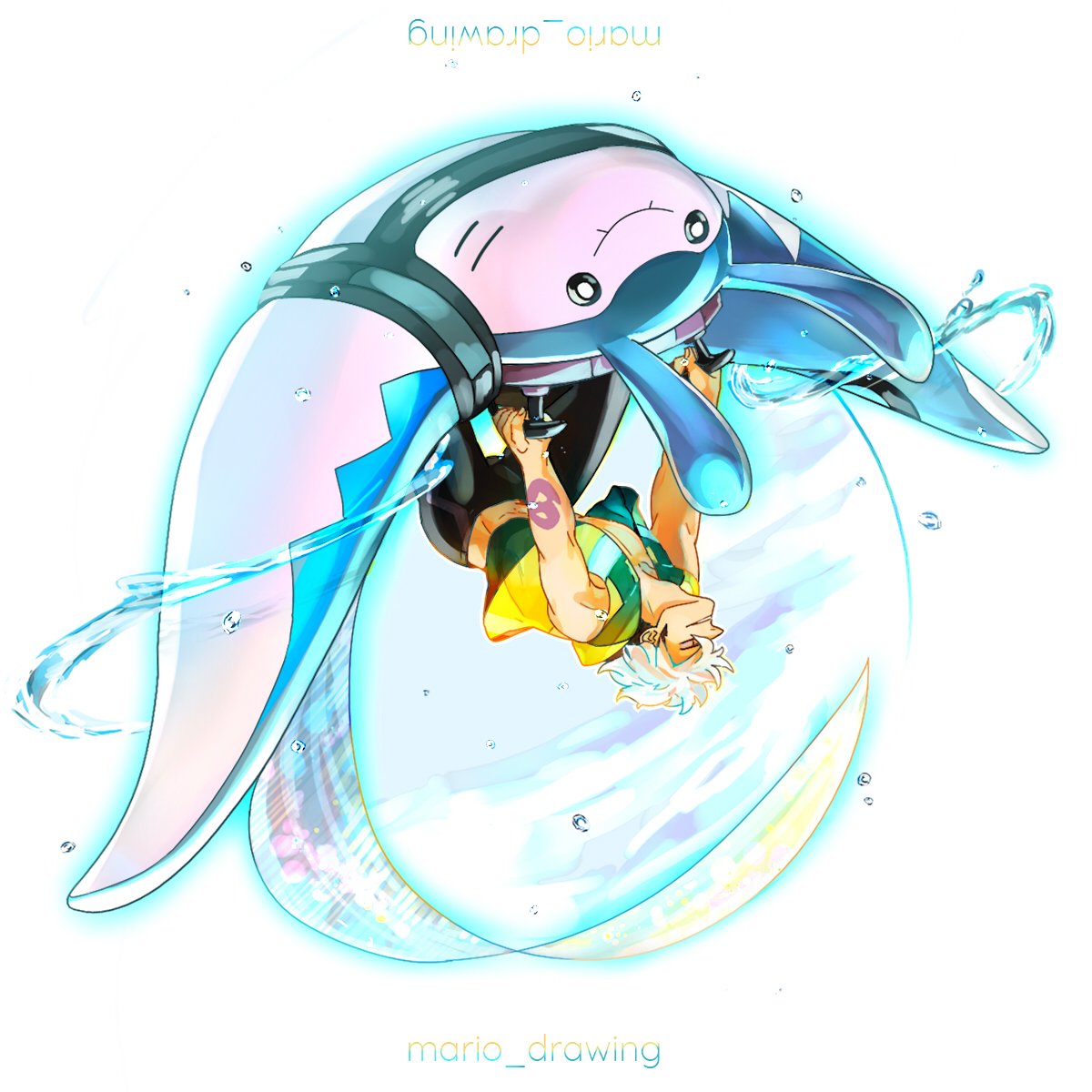 mario (2669431), guzma (pokemon), mantine, nintendo, pokemon, highres, 1boy, artist name, black pants, gen 2 pokemon, harness, male focus, pants, pokemon (creature), riding, riding pokemon, short hair, smile, tattoo, upside-down, vest, water, white hair, yellow vest
