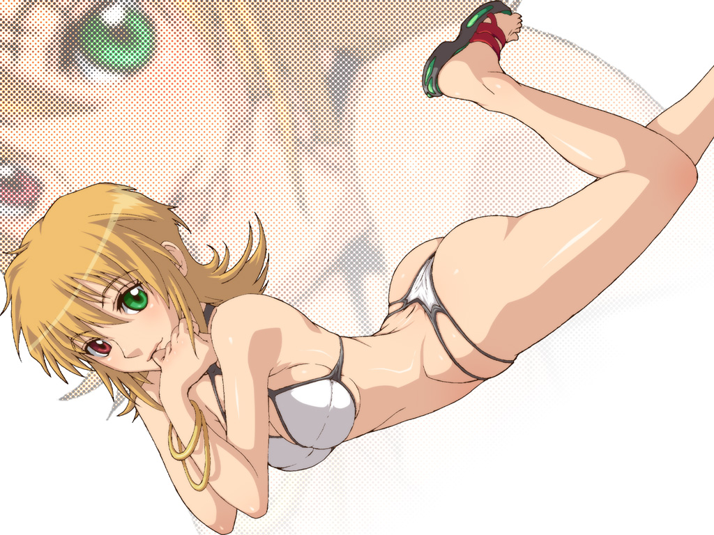 caryo, tabigarasu, katina tarask, banpresto, super robot wars, super robot wars original generation, bad id, bad pixiv id, 1girl, ass, bikini, blonde hair, bracelet, breasts, female focus, heterochromia, jewelry, solo, string bikini, swimsuit, thong bikini, white bikini, zoom layer