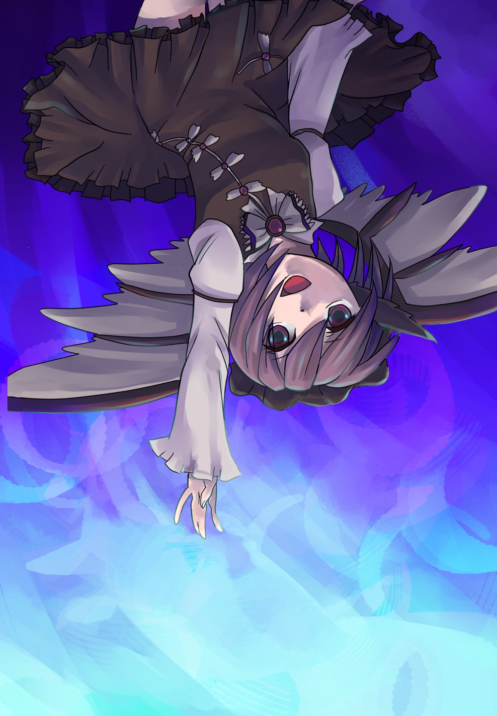 karasumi, karasumi (susyounoame), mystia lorelei, touhou, bad id, bad pixiv id, highres, 1girl, animal ears, dress, female focus, hat, pink hair, purple eyes, solo, upside-down, wings