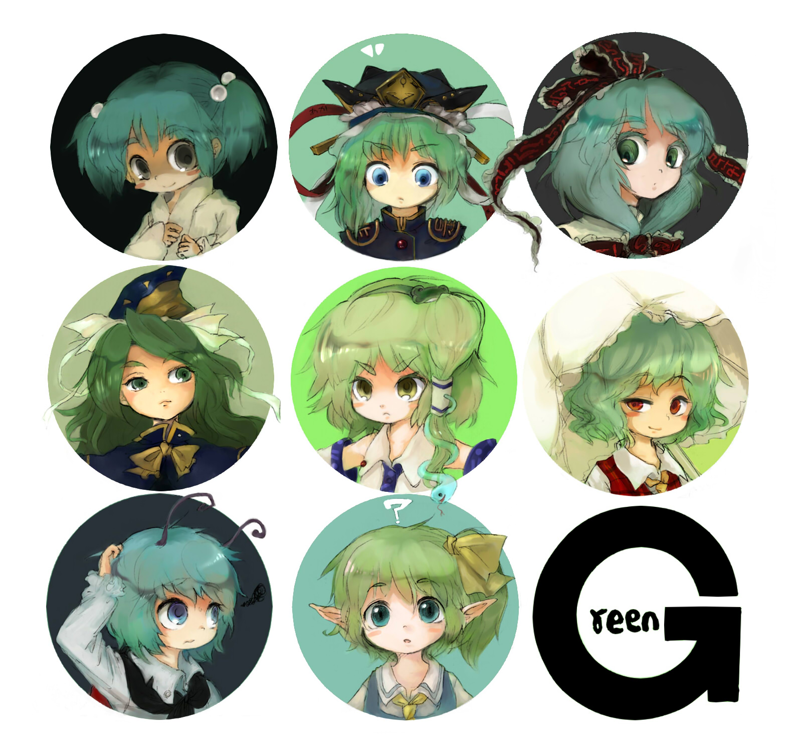 k no hito, daiyousei, kagiyama hina, kazami yuuka, kisume, kochiya sanae, mima (touhou), shiki eiki, wriggle nightbug, touhou, touhou (pc-98), bad id, bad pixiv id, highres, 6+girls, ?, antennae, ascot, blue eyes, blush stickers, bow, cape, color connection, detached sleeves, english text, female focus, frog, front ponytail, green eyes, green hair, green theme, grey eyes, hair bobbles, hair bow, hair ornament, hair ribbon, hair tubes, hairband, hat, long hair, multiple girls, plaid clothes, plaid vest, pointy ears, raised eyebrow, ribbon, scratching head, short hair, side ponytail, snake, sun, twintails, umbrella, vest, wizard hat