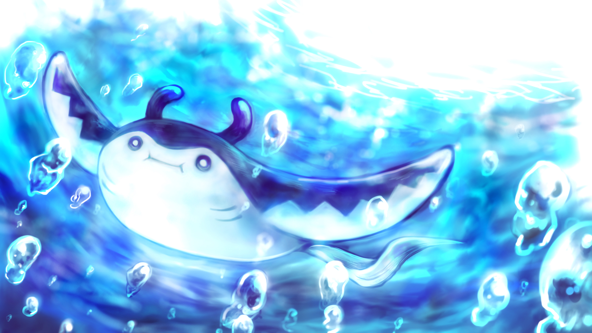 okowa 0141, mantine, nintendo, pokemon, highres, air bubble, bubble, day, full body, gen 2 pokemon, no humans, outdoors, pokemon (creature), underwater