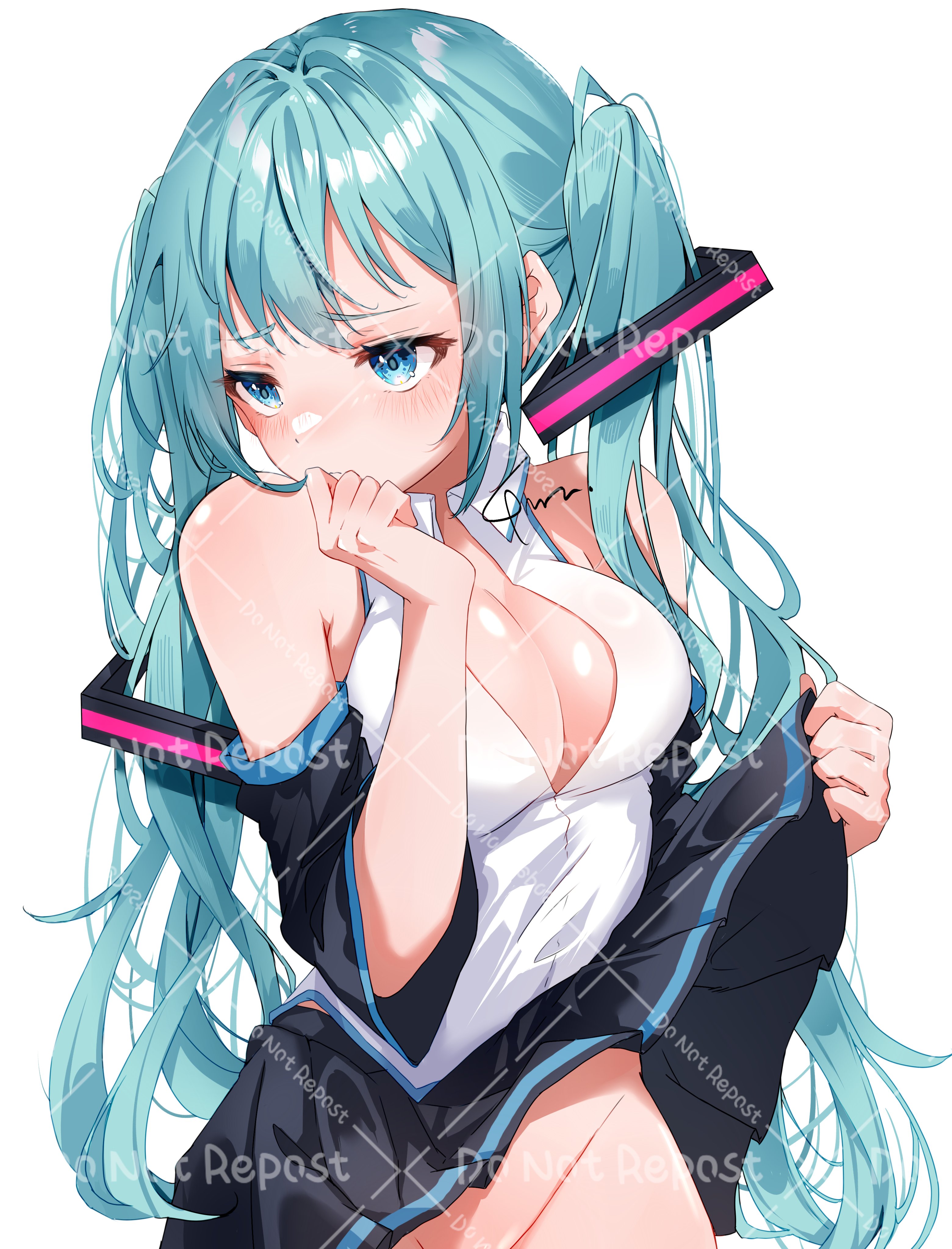 anzu (x anzu ill), hatsune miku, vocaloid, absurdres, highres, 1girl, aqua eyes, aqua hair, black skirt, black sleeves, blush, breasts, hair between eyes, hair ornament, long hair, medium breasts, pulling own clothes, shirt, skirt, solo, twintails, very long hair, white shirt