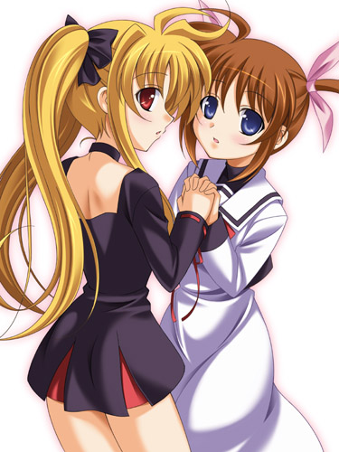 fate testarossa, takamachi nanoha, lyrical nanoha, mahou shoujo lyrical nanoha, lowres, 00s, 2girls, blonde hair, blue eyes, brown hair, dress, holding hands, multiple girls, red eyes, school uniform