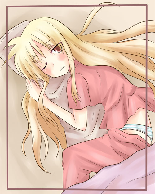 fate testarossa, lyrical nanoha, mahou shoujo lyrical nanoha, 00s, bed, blonde hair, one eye closed, pajamas, panties, red eyes, solo, underwear, wink
