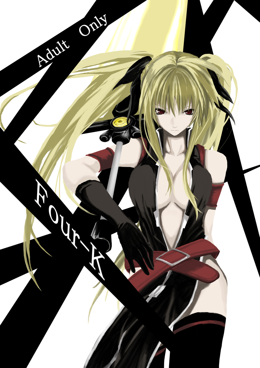 bardiche (nanoha), fate testarossa, lyrical nanoha, mahou shoujo lyrical nanoha, mahou shoujo lyrical nanoha strikers, 00s, blonde hair, breasts, cleavage, energy sword, gloves, large breasts, long hair, open clothes, open shirt, red eyes, shirt, staff, sword, thighhighs, twintails, weapon