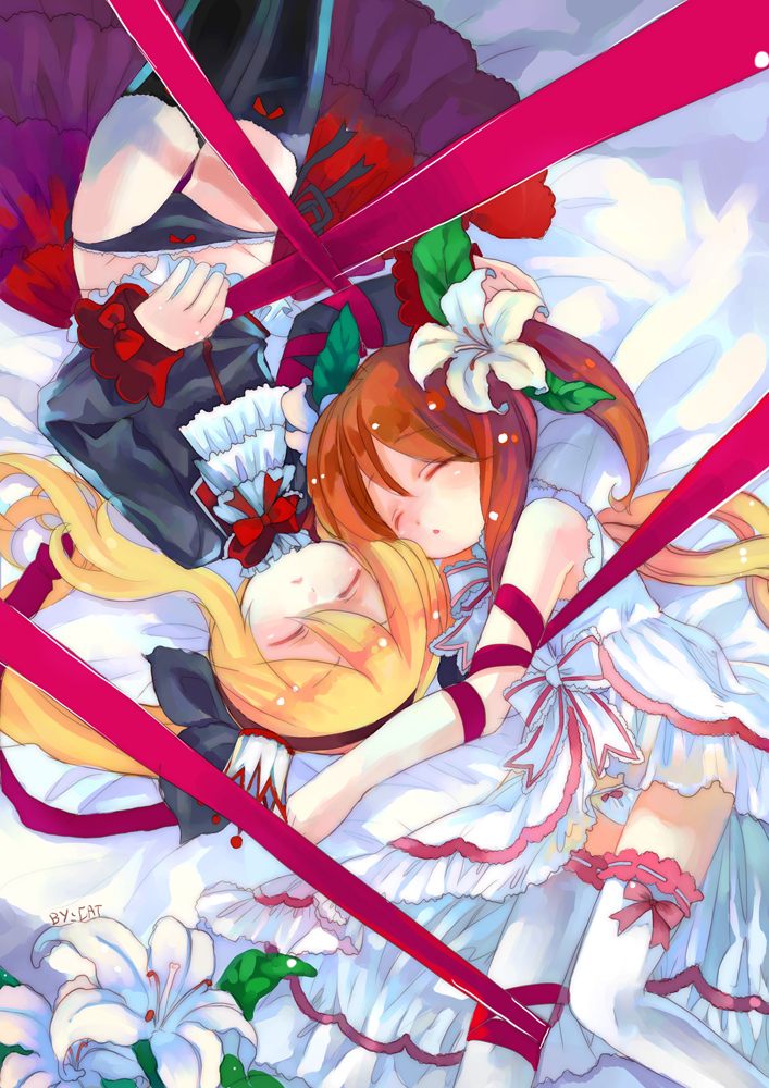 yamamoto nori, yano yoshinori, fate testarossa, takamachi nanoha, lyrical nanoha, mahou shoujo lyrical nanoha, duplicate, 00s, 2girls, blonde hair, blue eyes, brown hair, christmas, multiple girls, panties, red eyes, thighhighs, underwear