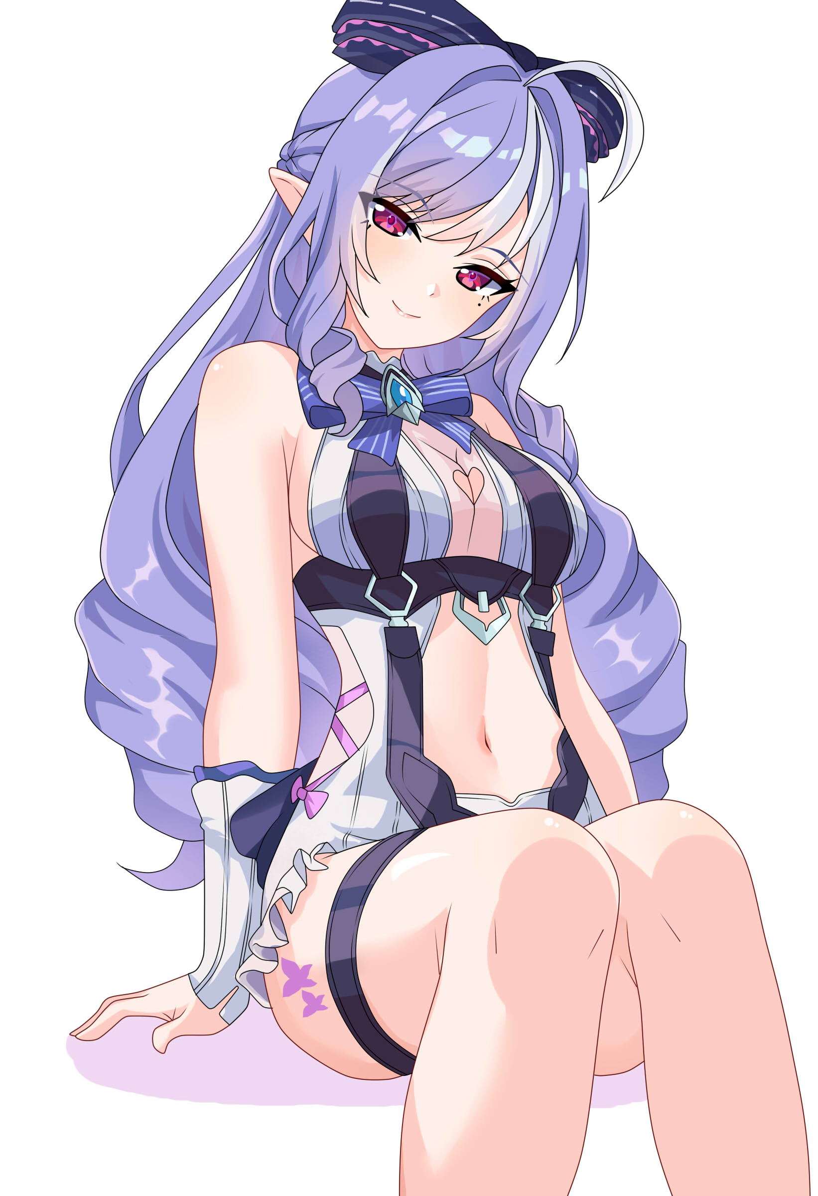 maxwelzy, vivian banshee, vivian banshee (iris of the shore), zenless zone zero, absurdres, highres, 1girl, bare shoulders, blush, bow, bowtie, breasts, clothing cutout, drill hair, hair bow, long hair, looking at viewer, mole, mole under eye, official alternate costume, pointy ears, purple bow, purple bowtie, purple hair, red eyes, solo, swimsuit